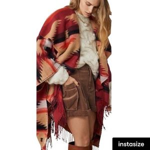 Free people red crossroads aztec Yellowstone poncho one size shawl fringe trim